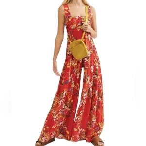 Free People One Aloha Red Floral Wide Leg Jumpsuit Sz. Medium
